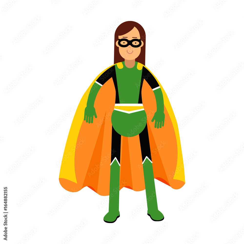 Young masked brunette woman in a colorful superhero costume vector Illustration