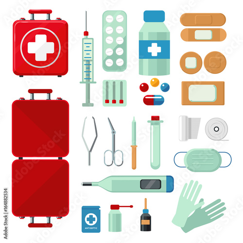 First aid kit. Set with medical equipment. Flat style icons.