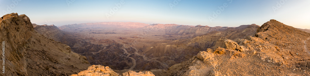 Panoramic view desert crater mountains ridge, Negev Israel.