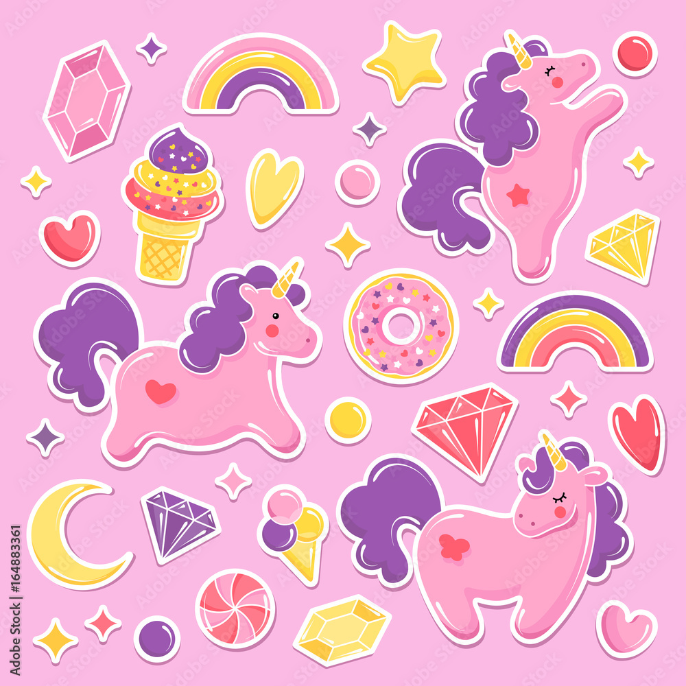 Unicorn cute elements collection. Balloons set. Unicorn, ice cream, rainbow, sweets, diamonds. Vector illustration