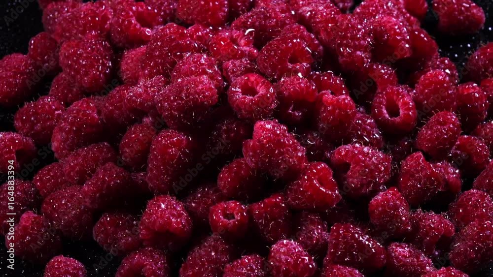 Fresh ripe raspberries covering by water. Closeup top view rotation of tasty fruits on black background in 4K
Fresh ripe raspberries covering by water. Closeup top view rotation of tasty fruits on black background in 4K