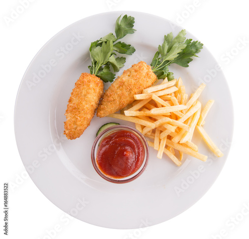 french fries with ketchup and chicken meat