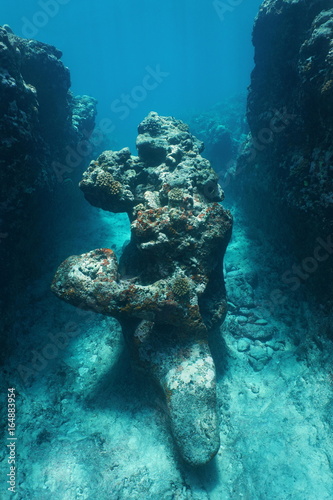Natural rock formation underwater ocean, outer reef of Huahine island, south Pacific, French Polynesia