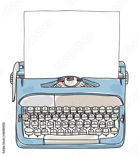 Light Blue Working Typewriter with paper  hand drawn vector cute art illustration photo