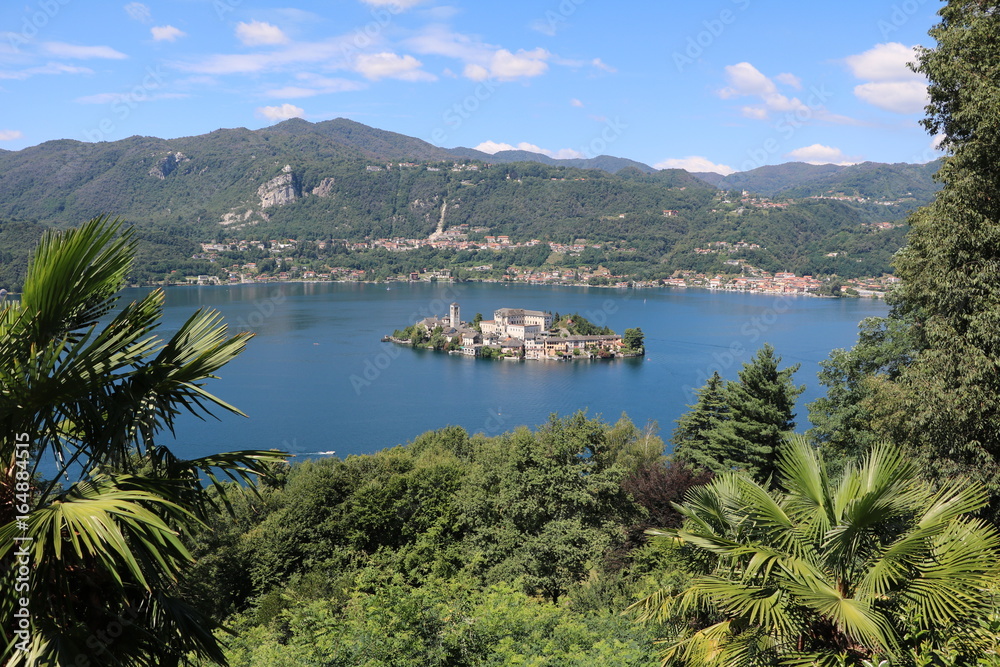 View from Sacro Monte d'Orta to Isola San Giulio at Lake Orta, Piedmont Italy 