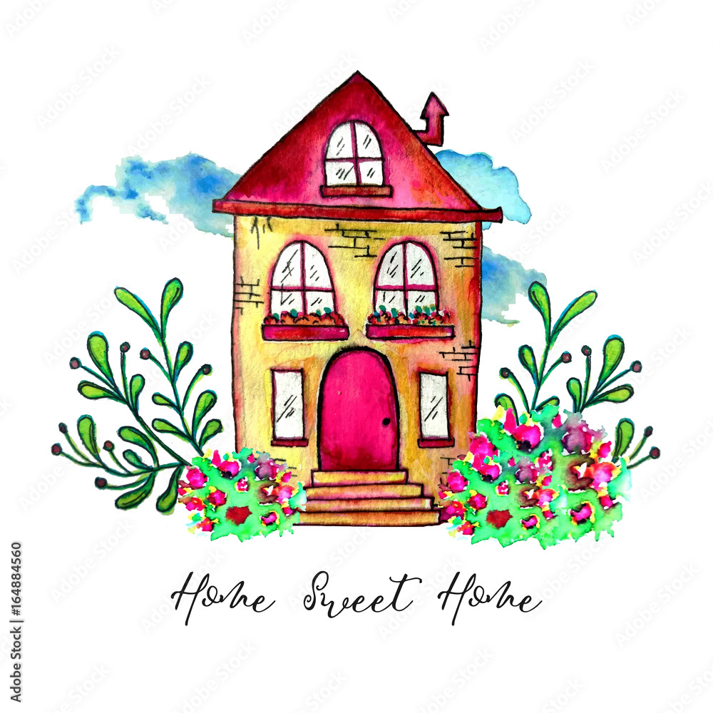 Sweet home label. Cute watercolor old building with branches and herbs  isolated on white background. Hand painted card with happy house and  flowers. Stock Illustration | Adobe Stock