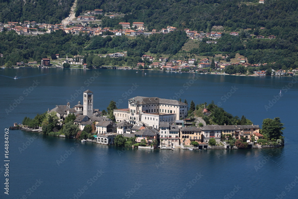 View from Sacro Monte d'Orta to Isola San Giulio at Lake Orta, Piedmont Italy 