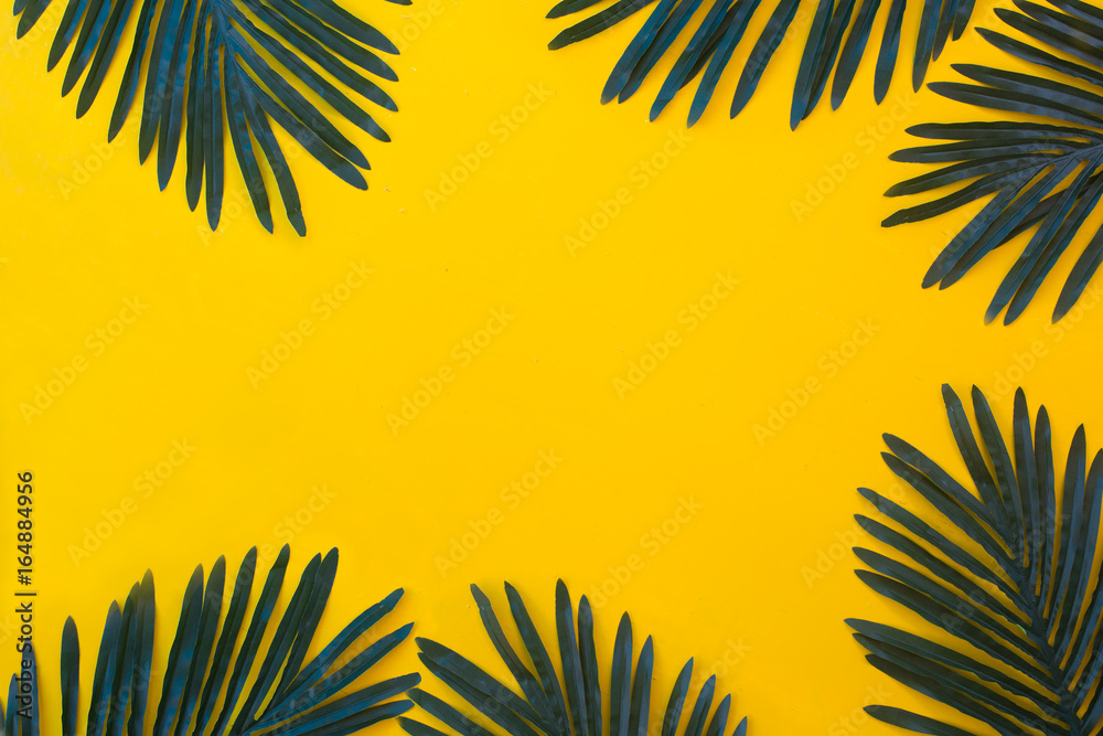 Tropical vacation and beach sand theme yellow background in pop art style with palm tree leaves