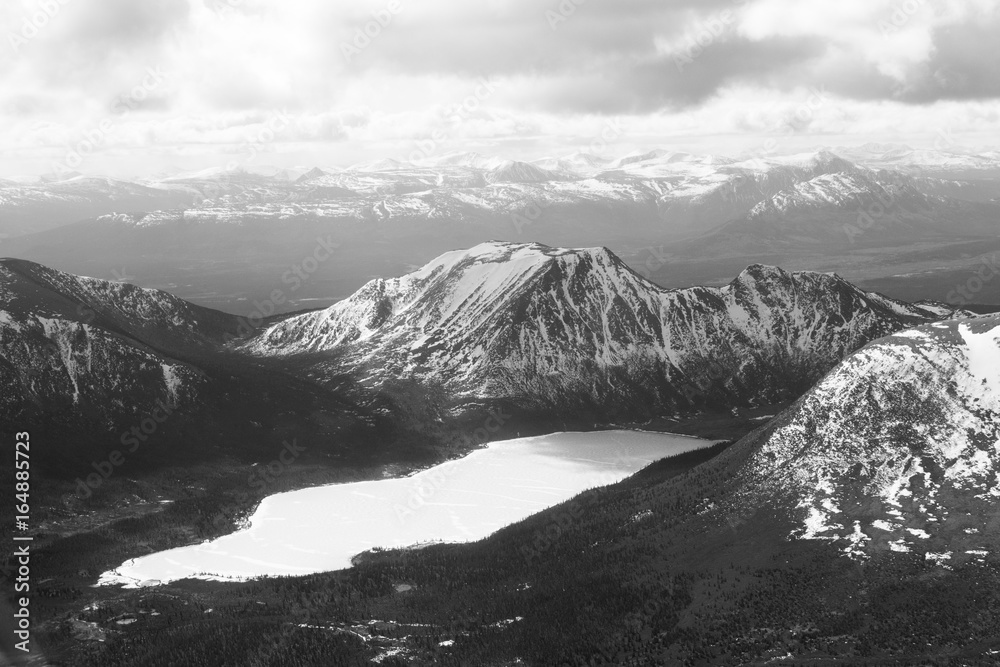 Black-and-white aerial mountainscape