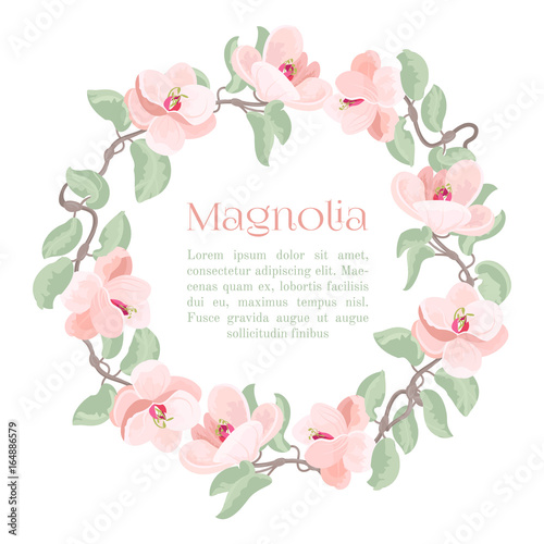 Beautiful detailed magnolia flowers (blossom) circle frame with place for your text. Isolated on white