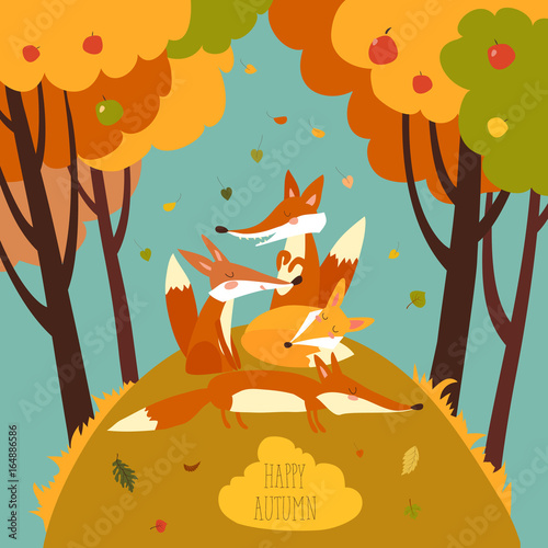 Cute foxes in autumn forest