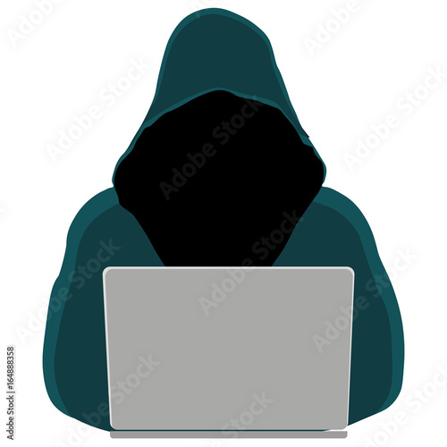 Hacker wearing hoodie in the hood stealing information with laptop. Vector illustration isolated on white background.
