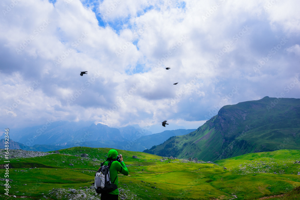 A guy is photographing black birds flying in the mountains, Alps, Italy. The landscape is represented by mountains and green meadows in a cloudy day