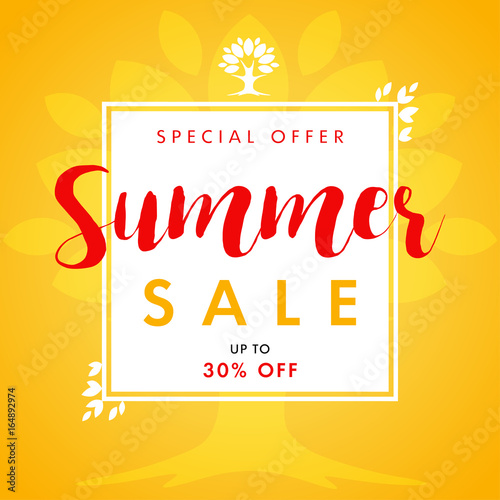 Summer SALE leaves and tree frame banner. Summer Sale vector banner with text special offer and beautifal leaf border design