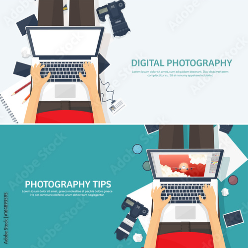 Photographer equipment on a table. Photography tools, photo editing, photoshooting flat background. Digital photocamera with lens. Vector illustration.