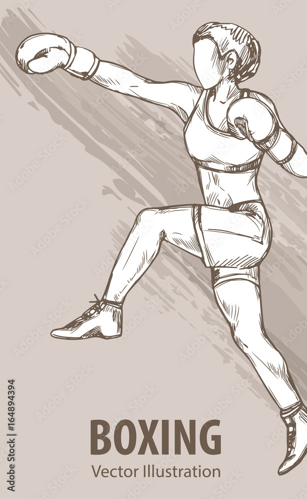 Fototapeta premium Hand sketch of a boxing women. Vector sport illustration. Graphic silhouette of the athlete on background.