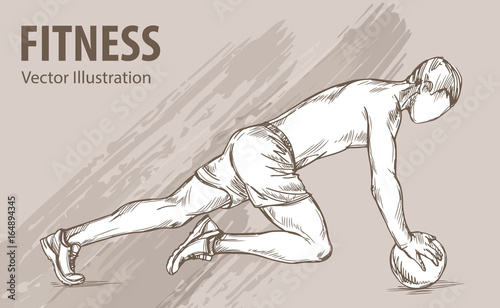 Hand sketch of a man is training with a ball. Vector sport illustration. Graphic silhouette of the athlete on background.