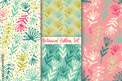 Floral hand drawn seamless pattern set. Hand drawn abstract fancy leaves and grasses. Folk hand drawn style. Summer ornament. Colorful background. Repeatable backdrop.