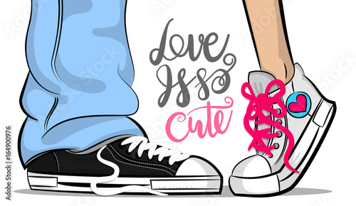 Pop art man woman sneakers legs blue jeans shoelace stay kiss romantic. Philosophy lettering love comic text phrase. Cartoon colored sketch vector illustration. Funny Valentines Day casual style.