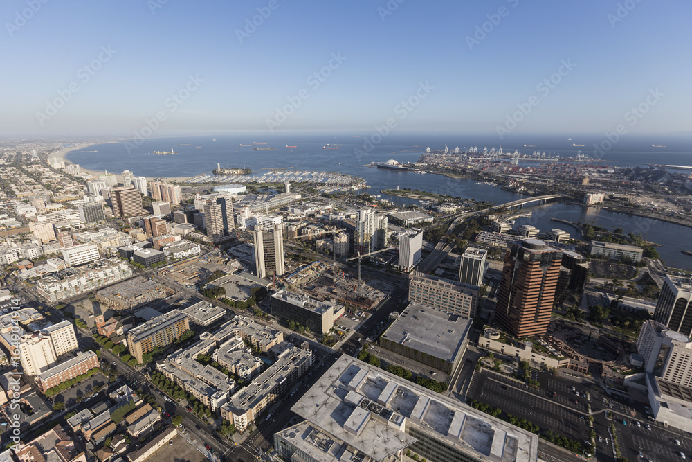 Aerial view of streets, buildings and coastline in Long Beach, California.   