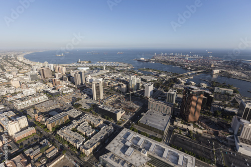 Aerial view of streets, buildings and coastline in Long Beach, California. 