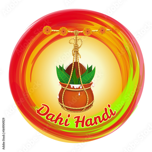 Dahi Handi. Hanging earthen pot with Makhan and coconut is one of the festive events and a team sport during the Hindu festival Gokulashtami, which is known as Krishna Janmashtami. Vector illustration
