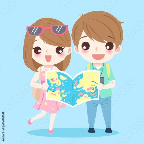cartoon couple go to travel