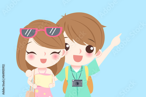 cartoon couple go to travel