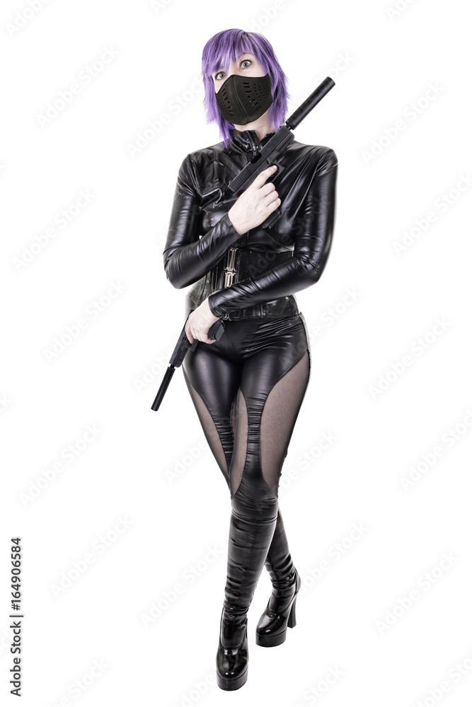 Sexy killer holding guns, isolated on white background.