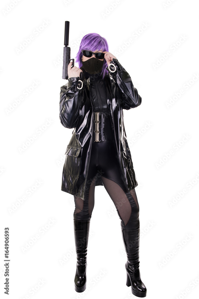 Sexy killer holding gun, isolated on white background. Sexy killer holding gun, isolated on white background.
