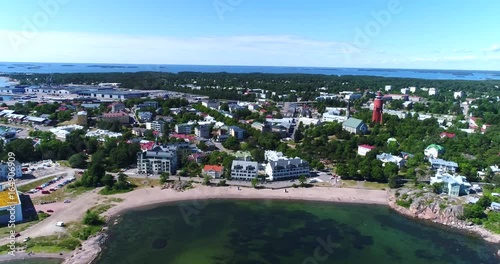 Hanko, Cinema 4k aerial view of hanko cityscape, bulevardi beach and east harbor, on Hango regatta day, in Uusimaa, Finland photo