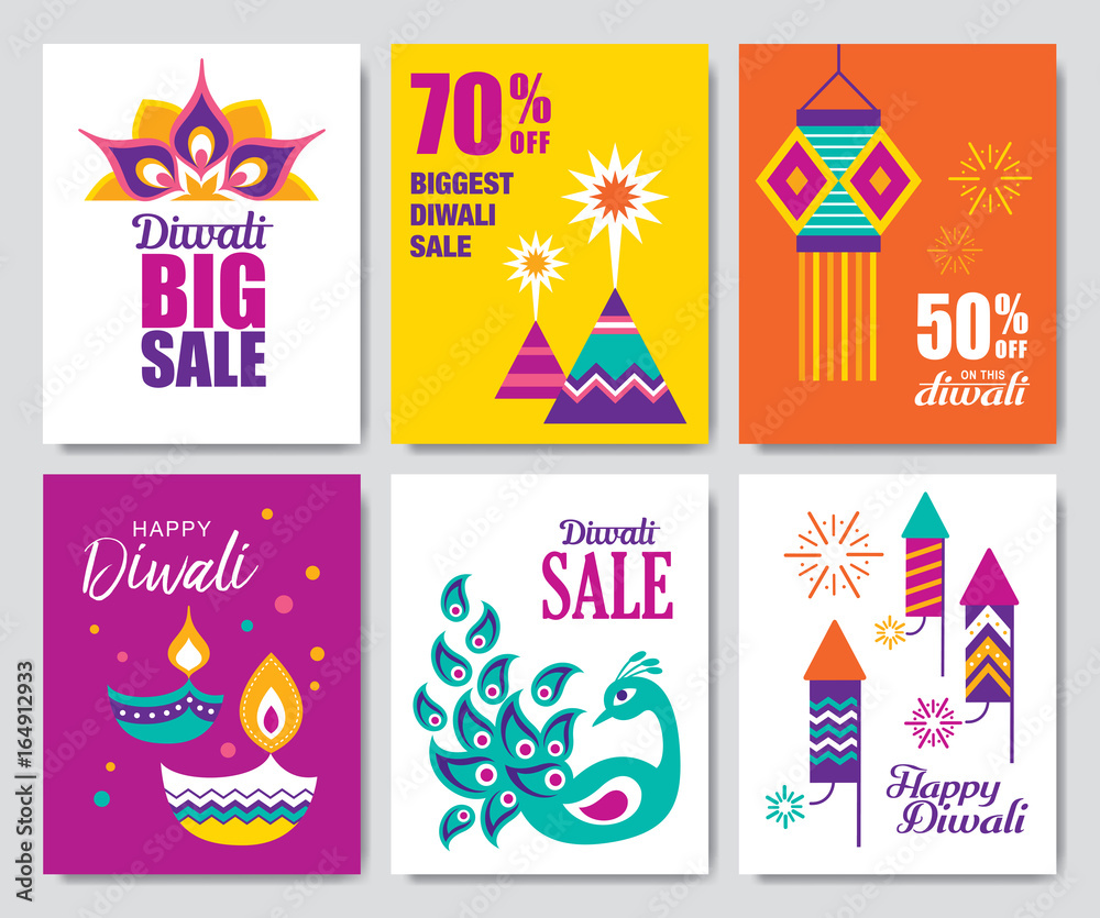 Set of Diwali Hindu festival sale posters and greeting cards