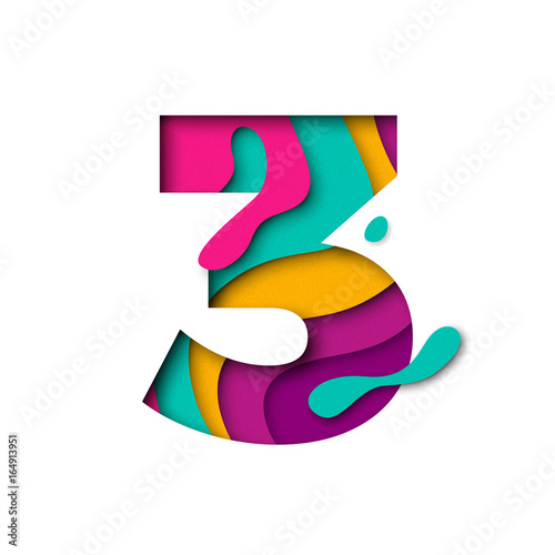 Paper cut number Three 3 letter. Realistic 3D multi layers papercut effect