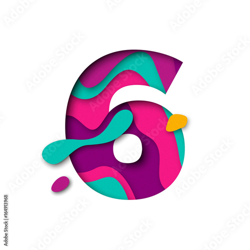Paper cut number Six 6 letter. Realistic 3D multi layers papercut effect