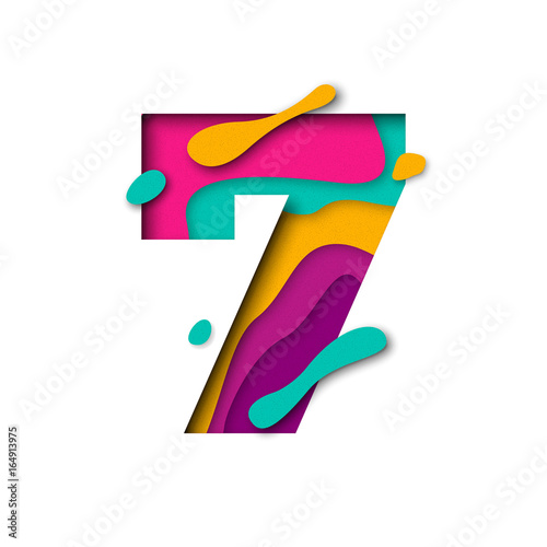 Paper cut number Seven 7 letter. Realistic 3D multi layers papercut effect