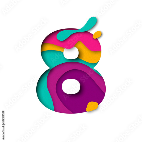 Paper cut number Eight 8 letter. Realistic 3D multi layers papercut effect