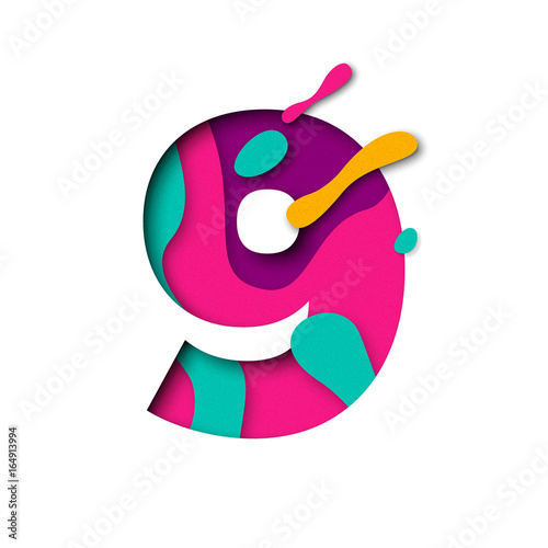Paper cut number Nine 9 letter. Realistic 3D multi layers papercut effect