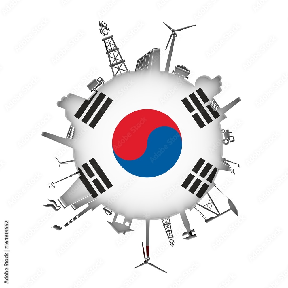 Circle with industry relative silhouettes. Objects located around the circle. Industrial design background. Flag of South Korea in the center. 3D rendering.