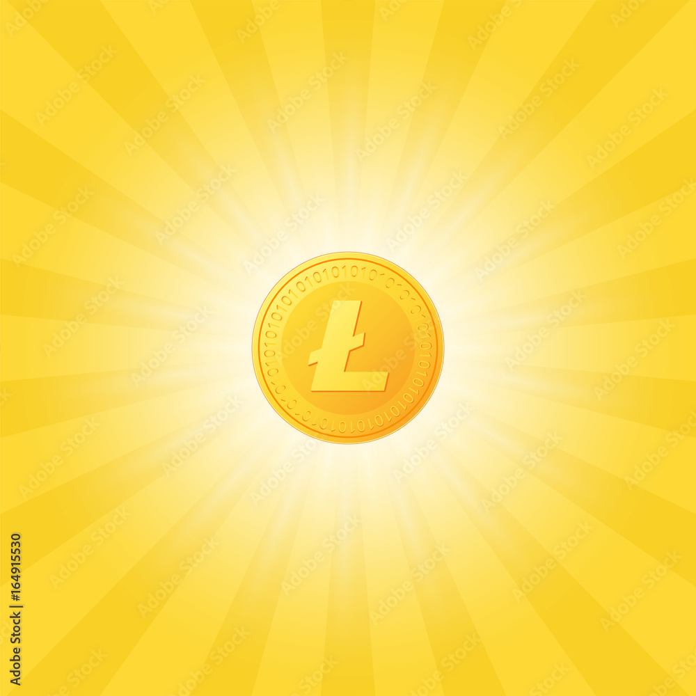Litecoin icon is a golden color. Crypto currency on a abstract background with light rays. Vector Illustration