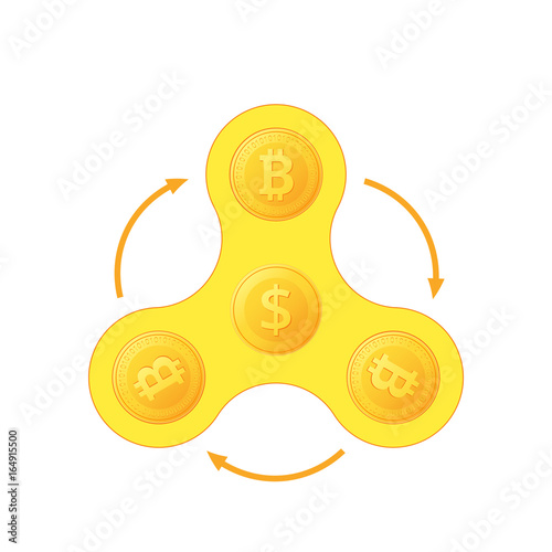 Spinner icon. Dollar and Bitcoin golden coins. Toy fidget to relieve stress. Vector illustration