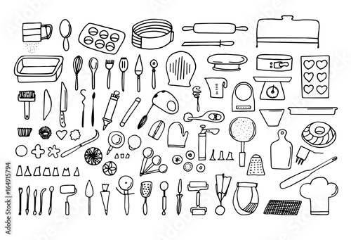 Baking tools and essentials. Hand drawn bakery supplies. Line vector kitchen utensils icon set.