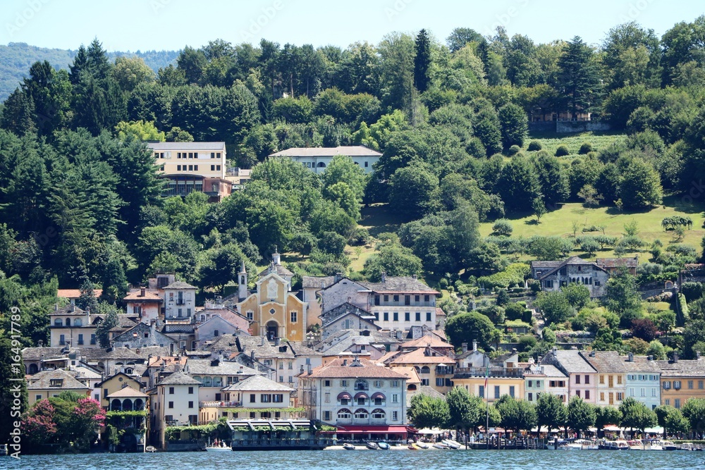 Obraz premium View from Lake Orta to Orta San Giulio, Piedmont Italy