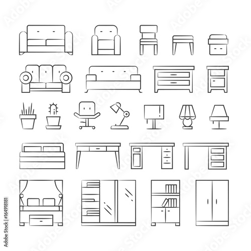 Hand drawn living room furniture icons on white background