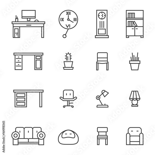 Work room furniture thin line icons