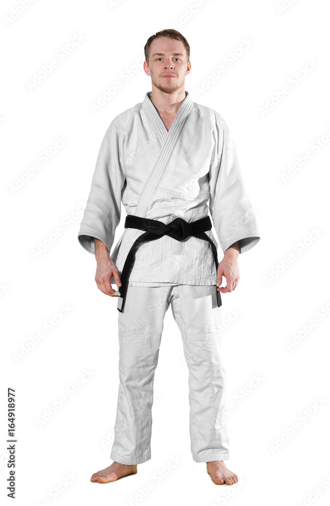 One judoka fighter man on white One judoka fighter man on white