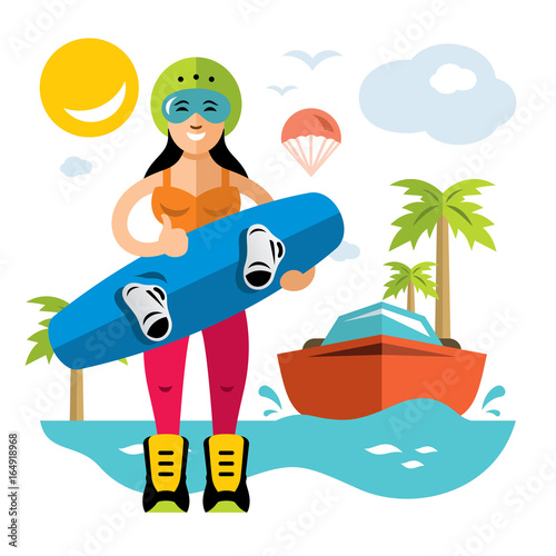 Vector Wakeboarding Woman. Flat style colorful Cartoon illustration.