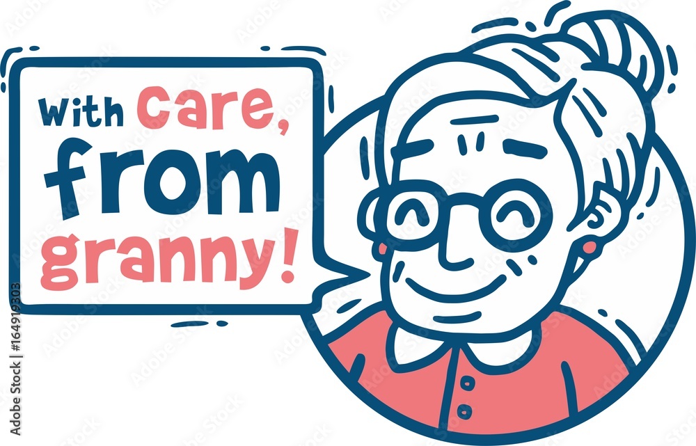 Comics old woman in glasses says With care from granny Pink and blue