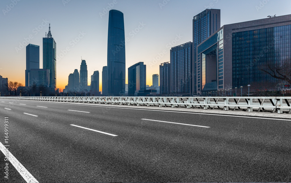 Empty downtown street intersection at sunrise/sunset,shot in Shanghai,China.