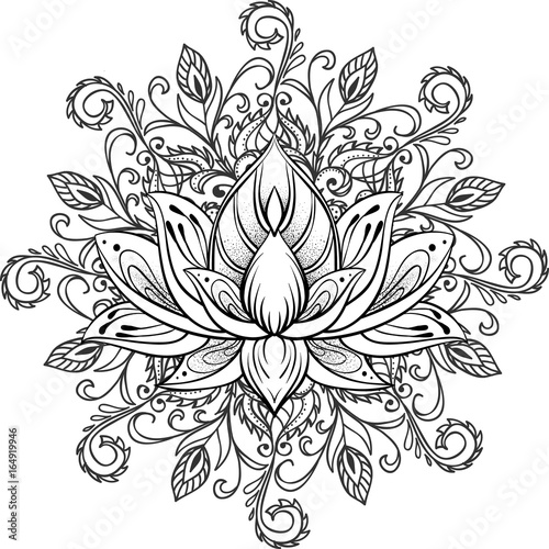 Filigree lotus flower, vector handdrawn illustration on mandala background