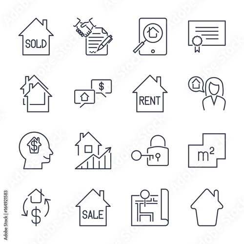 Real estate thin line art icons set. Residential and commercial building deals. Linear style symbols isolated on white. Icon set with editable stroke
